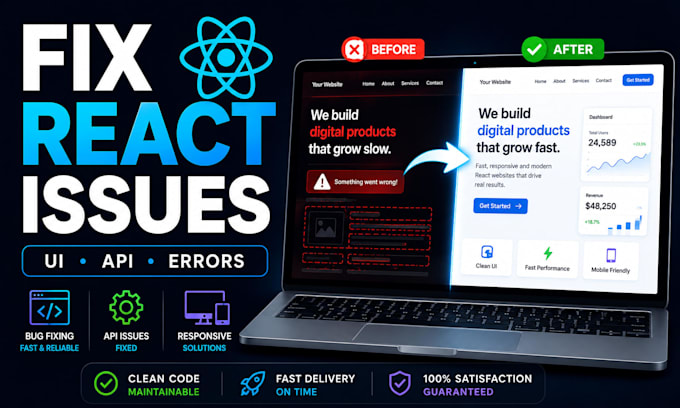 fix react js bugs, javascript bugs and frontend issues