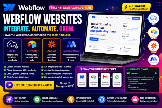 do webflow website and intergrate with apis, airtable, zapier, memberstack