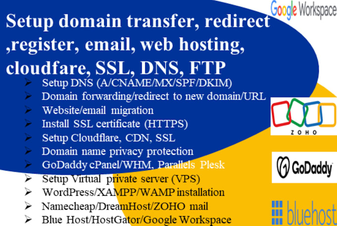 domain register, transfer, redirect, web hosting, email, cloudfare, SSL, dns ftp