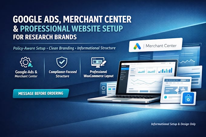 setup google ads, gmc setup and peptide woocommerce website for research brands