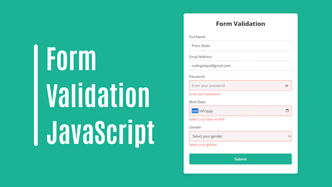 Create a html, css and javascript validation form by Kolubara21 | Fiverr