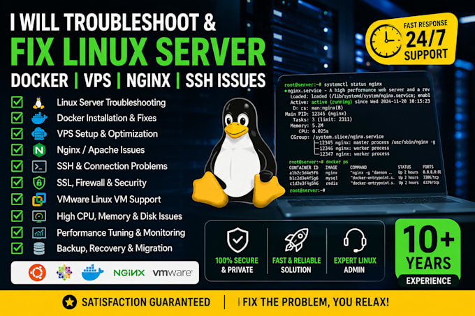 troubleshoot and fix linux server, docker, vps, nginx and ssh issues