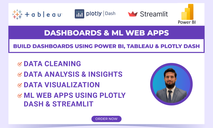 Create interactive dashboard by using power bi, tableau, plotly dash