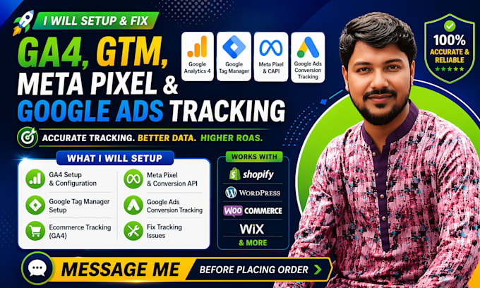setup or fix up ga4 ecommerce tracking, GTM, meta pixel, and google ads tracking