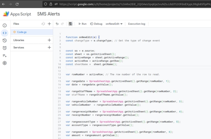 Create google sheets scripts to send sms or email when new data in added