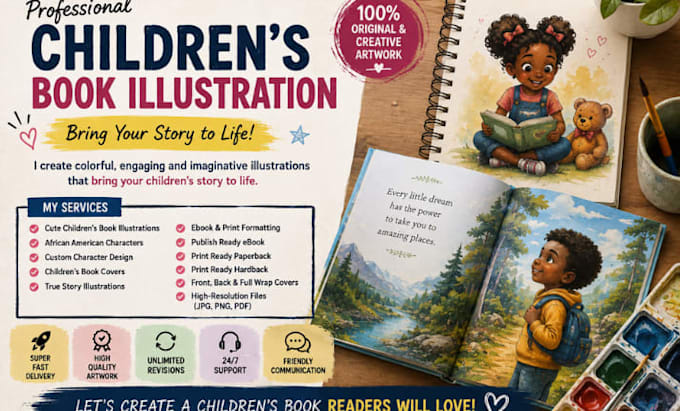 create children story book illustration, book cover design and amazon KDP book