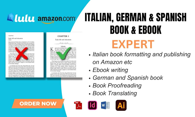 format, proofread italian book, german book spanish book for amazon KDP etc