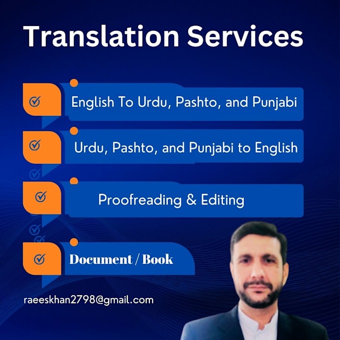 Do the translation of english into urdu, pashto, and punjabi by Rais