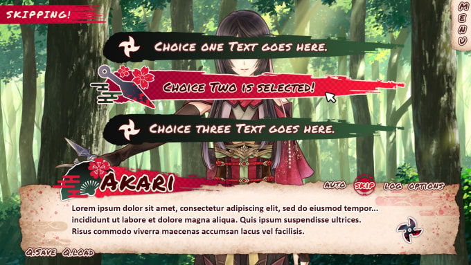 Create a graphic user interface design for a visual novel video game by