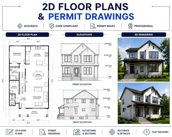 draft 2d floor plans, construction permit drawings and architectural house plans
