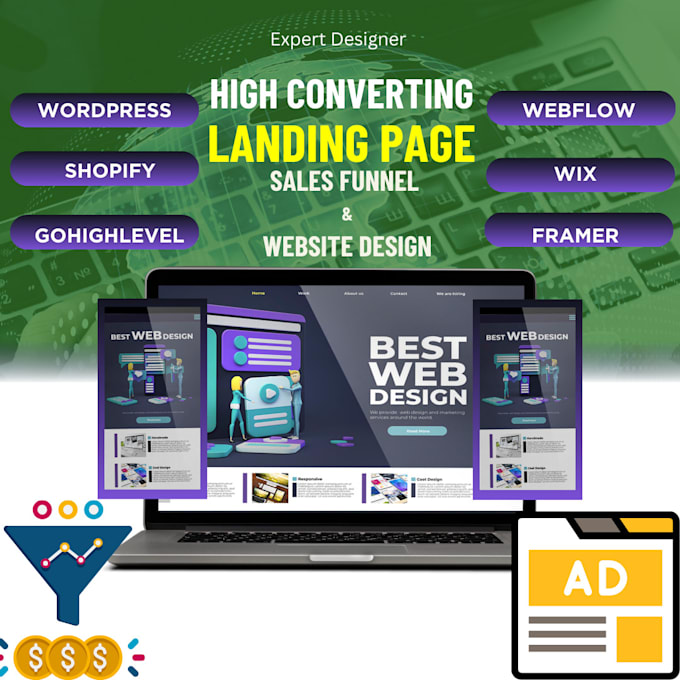create ghl, wordpress, wix, shopify, webflow clickfunnel sales landing page