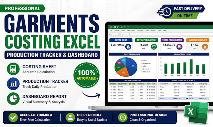 create garments costing sheet, production tracker and excel dashboard