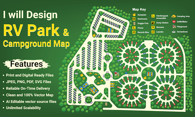 design a vector rv park map and campground map for websites and signage