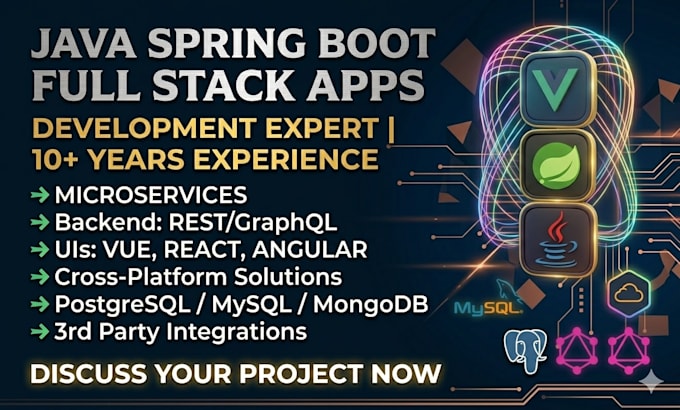 develop full stack apps of java spring boot with UI in vue, react or angular