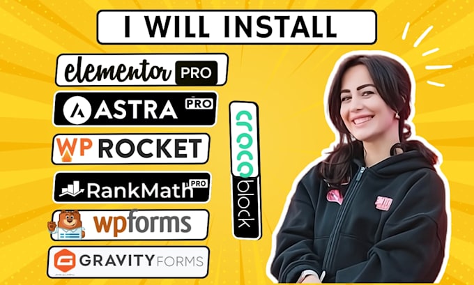 install elementor pro, astra pro rank math pro, wp rocket, wpforms gravity forms