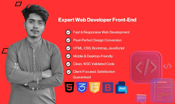your front end web developer using HTML, CSS, bootstrap, javascript