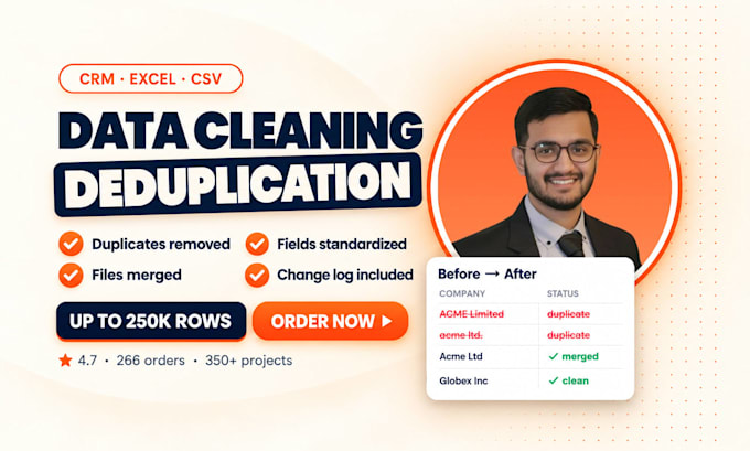 do data cleaning, deduplication, and merging of CRM, excel, and CSV files