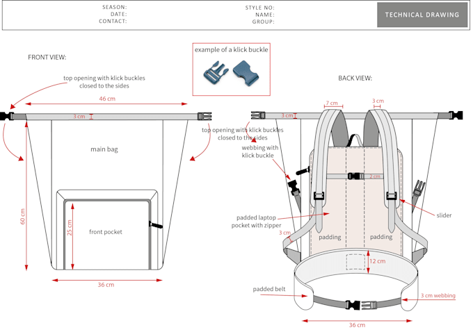 make technical sketches of your travel backpack