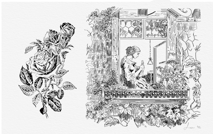 create an etching style wedding crest or illustration