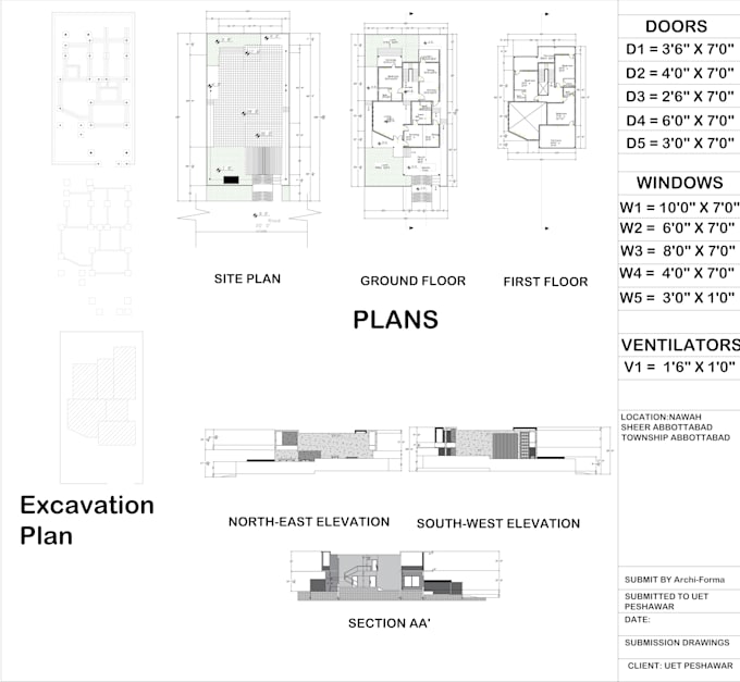 design floor plan, elevations, roof plan, section in revit