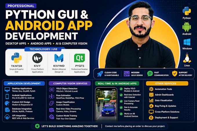 develop python desktop and android apps using tkinter, kivy, kivymd, and pyqt5