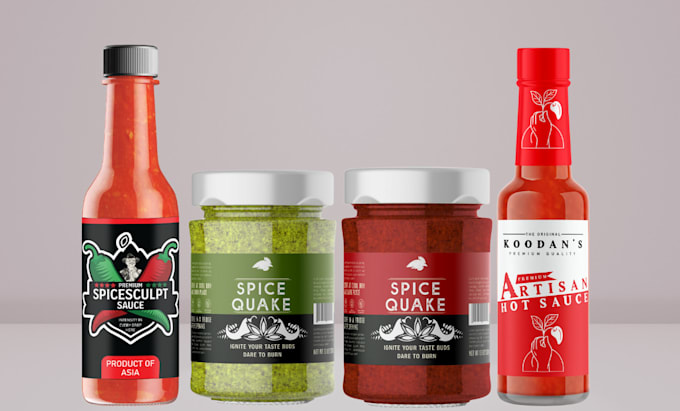 do sauce labels, spice labels, salsa, seasoning, jar, honey, dips, and peppers