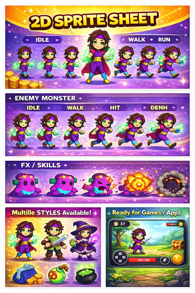 create 2d character sprite sheet with smooth animations for games and apps