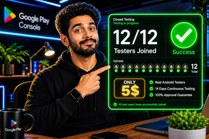 provide 12 testers for your android app, with 100 percent approval guarantee