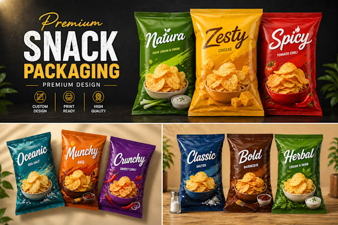 modern food and snack label for pouch, chips and bottle