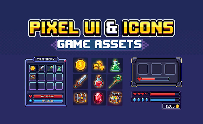 design pixel art game UI icons, hud and buttons for your game