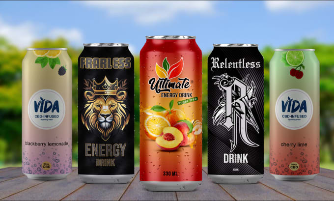 energy drink, beverages, juice, soda can label design and 3d