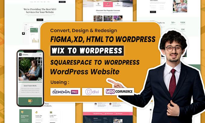 convert figma, xd,HTML, squarespace, wix to wordpress website elementor pro,divi