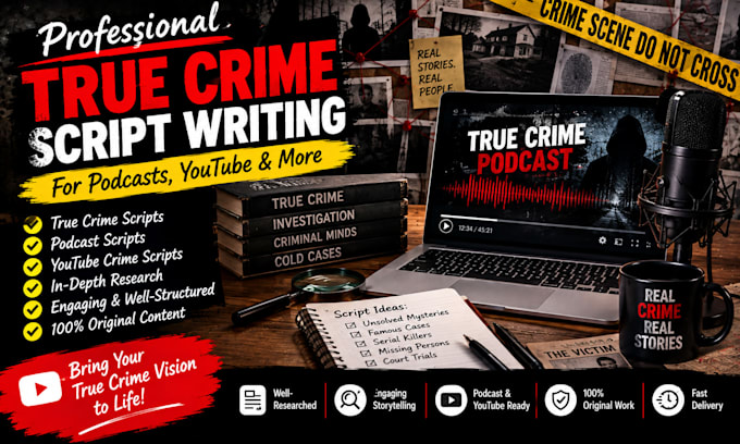 write true crime script, true crime podcast, youtube crime script, true crime