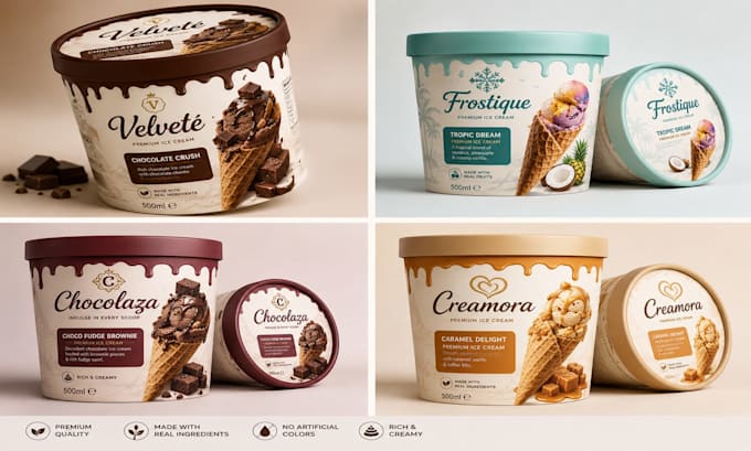 design chocolate, coffee, honey and ice cream packaging labels and boxes