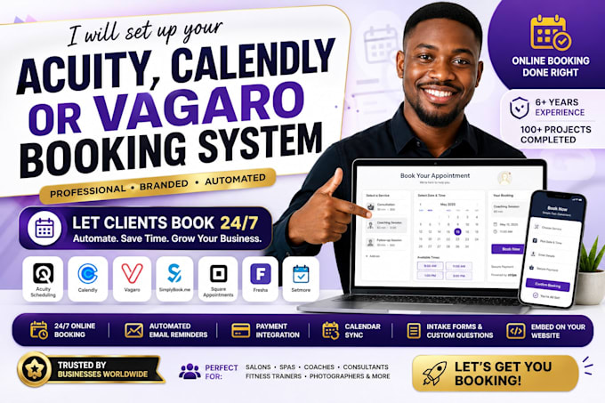 setup and design acuity scheduling, calendly, dubsado, or vagaro
