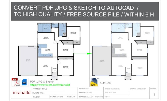 Convert pdf,hand sketch, image drawing to autocad by Mrana3d | Fiverr