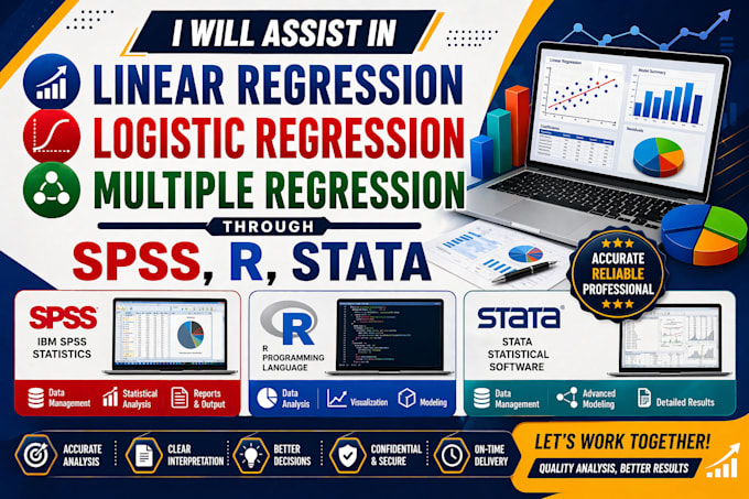 assist in linear, logistic, multiple regression analysis using spss, r, stata