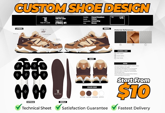 create a professional footwear tech pack and custom sneaker design