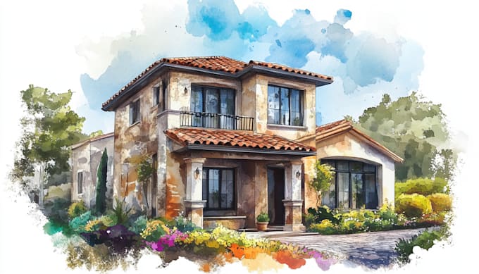 draw watercolor house character caricature and friendship portrait