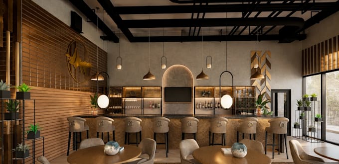 design modern 3d restaurant interior, café, bar and retail store rendering