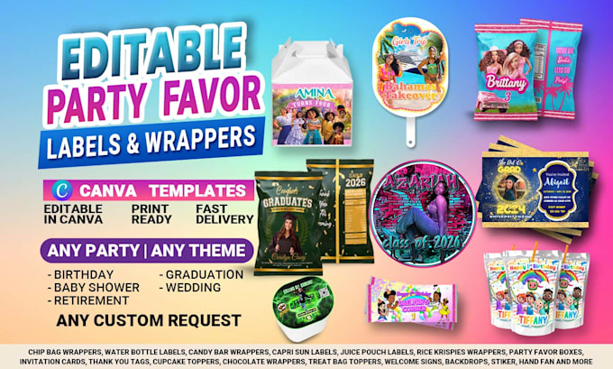 design editable party favor labels and wrappers in canva