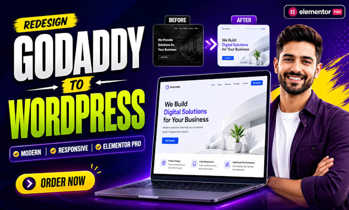 redesign and develop godaddy or any website with wordpress elementor pro