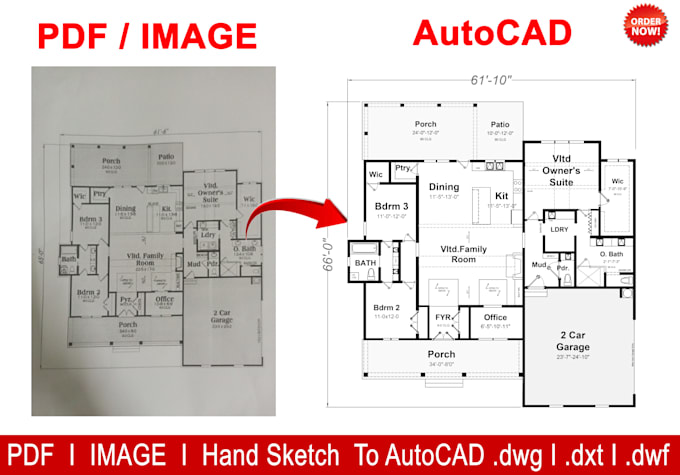 redraw 2d floor plan from PDF, image, or sketch to autocad dwg dxf and dwf