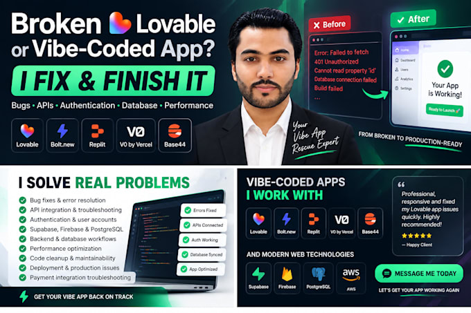 fix and finish your lovable bolt replit or vibe coded app