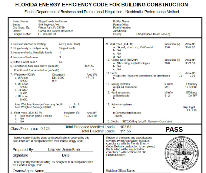 perform florida 2023 r405 energy code compliance calculations