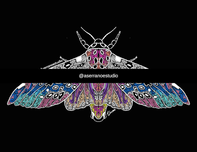 to digitally illustrate an insect with a black background in psychedelic