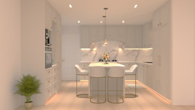 create a modern design kitchen interior with 3d rendering visualization