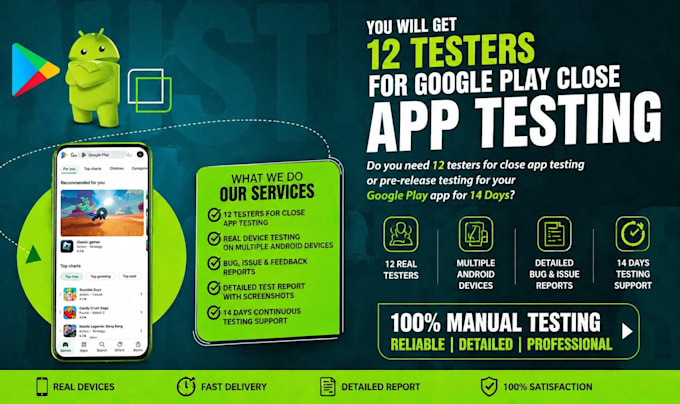 provide professional 12 real active tester for 14 days, apps close testing