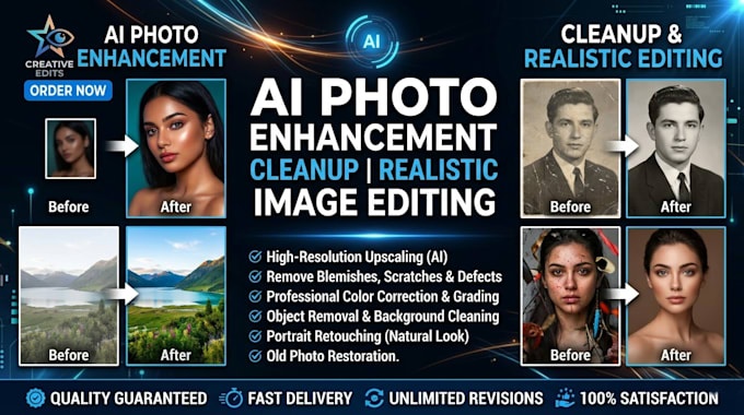 do ai photo enhancement, cleanup, realistic image editing