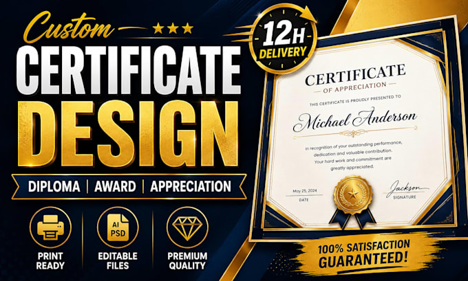 do custom certificate design, diploma or award certificate in 12h